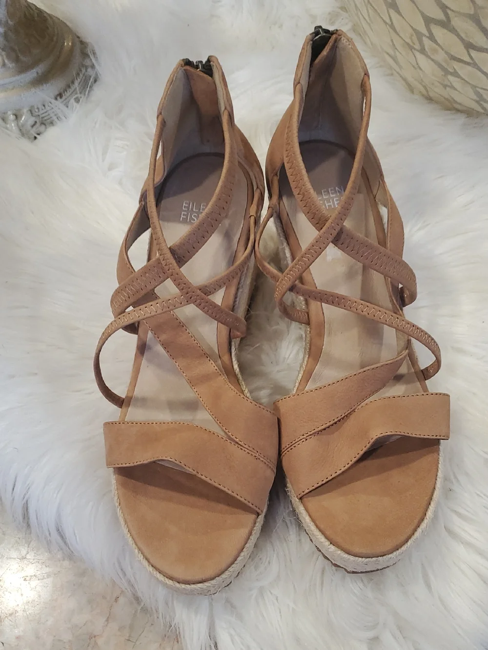 Nwot Eileen Fisher Tan Suede Crisscross Espadrille Wedges